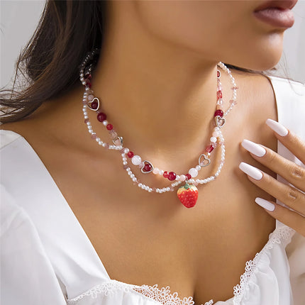 Elegant Strawberry Heart Pearl Choker Necklace