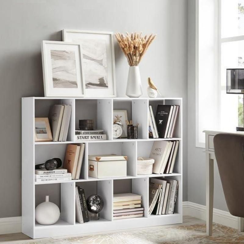 Elegant White Bookshelf with 11 Compartments for Stylish Home Storage