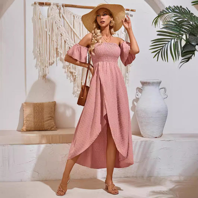 Vestido sexy con abertura y hombros descubiertos, moda de verano, vestidos largos plisados ​​con volantes para playa, ropa de mujer