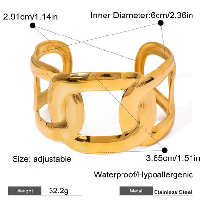 Brazalete abierto ancho de acero inoxidable bañado en oro con forma ovalada