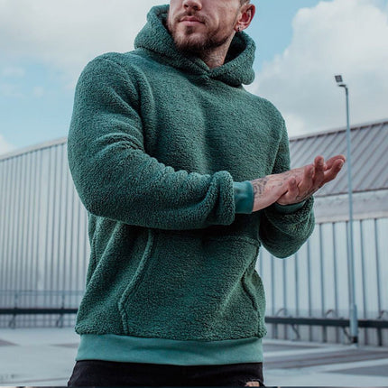 Sweat à capuche en peluche pour homme avec grande poche, pull à manches longues tendance, vêtements unis