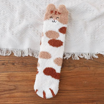 Calcetines cálidos de forro polar con bonitos dibujos de gatitos para interiores: diseño de garra de gato kawaii