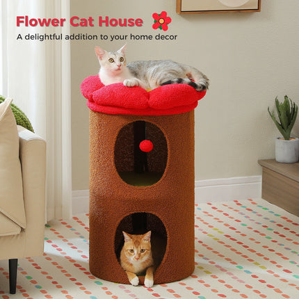 Acogedora casa para gatos con forma de flor y bola de pompón: condominio para gatos de dos pisos