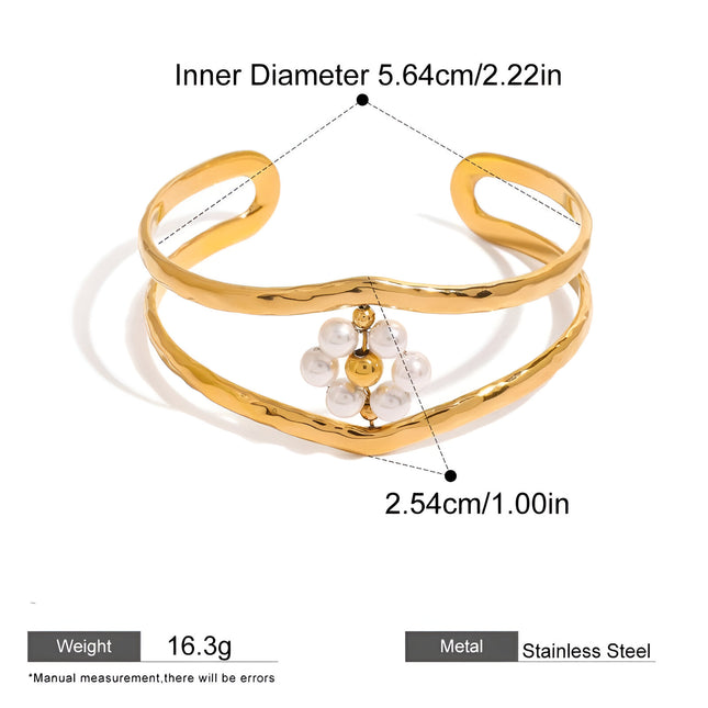 Bracelet manchette double couche en plaqué or 18 carats avec perles d'imitation pour femme