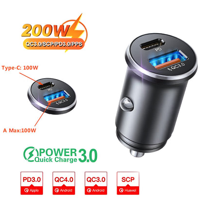 Cargador de coche de carga rápida de 100 W/200 W con USB tipo C y QC3.0