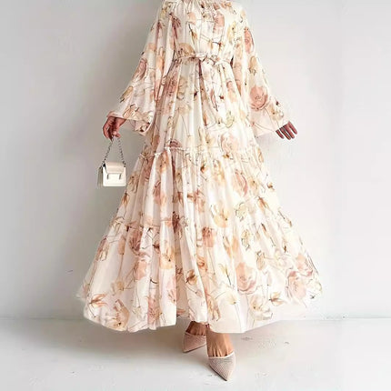 Robe longue élégante à imprimé floral en mousseline de soie du Moyen-Orient