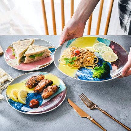 Juego de vajilla de 6 piezas con nubes de colores y incrustaciones doradas: platos de cerámica para cena y postre