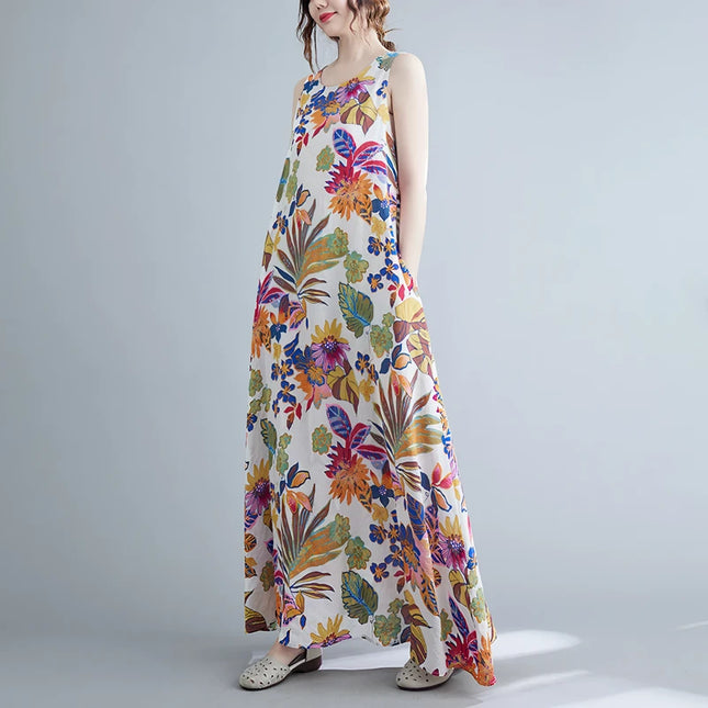 Robe longue en coton et lin à imprimé floral