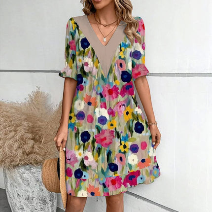 Robe ample à manches courtes et col en V tendance