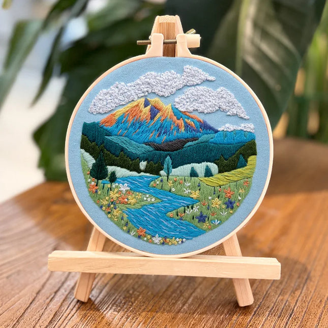 Kit de broderie de paysage DIY avec motif imprimé et cerceau en plastique