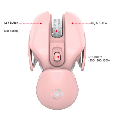 Souris sans fil rechargeable 4D rose 2,4 G avec coque en alliage d'aluminium, 1600 dpi réglable pour le bureau et les jeux