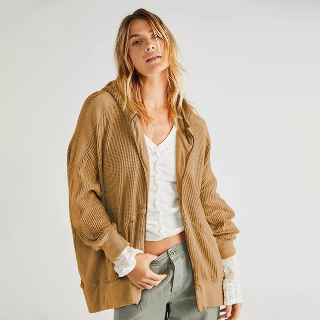 Sudadera con capucha y cremallera de punto gofre de gran tamaño