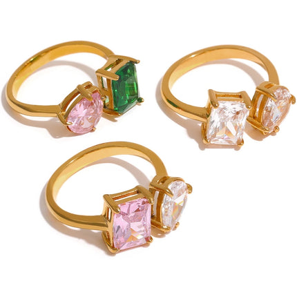 Bague ouverte ajustable et étanche avec zircone cubique rose et verte