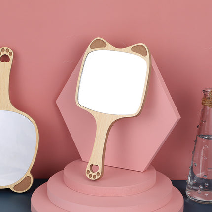 Charmant miroir de maquillage à main en bois avec un joli motif d'oreille de chat