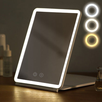 Espejo de maquillaje LED con pantalla táctil, plegable, iluminación de 3 colores, recargable por USB