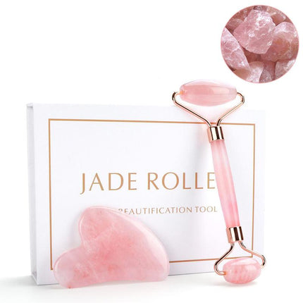 Ensemble rouleau de jade et gua sha en quartz rose naturel