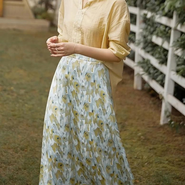 Falda midi con estampado retro francés de verano para mujer: falda informal de cintura alta en forma de A