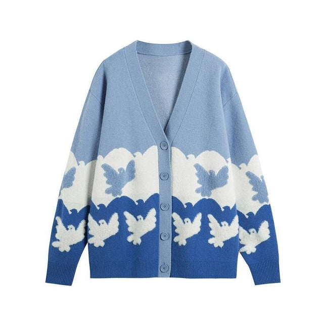 Cardigan en tricot à col en V pour femme avec motif pigeon élégant et chic pour l'automne