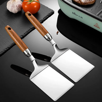 Spatule de cuisine en acier inoxydable avec manche en bois - Ustensiles pour teppanyaki, pizza, crêpes et barbecue