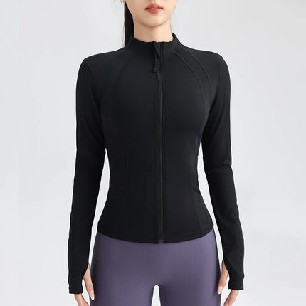 Chaqueta de running con cremallera completa para mujer: ropa deportiva elástica de manga larga