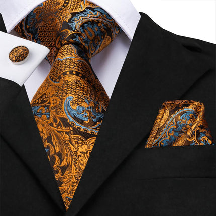 Conjunto de corbata de seda de lujo con estampado floral negro y dorado, pañuelo de bolsillo y gemelos