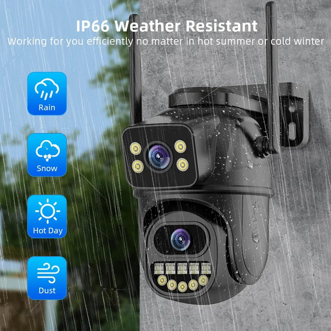 Cámara de seguridad para exteriores WiFi 4K de 8 MP, lente dual, detección IA, zoom 4X, visión nocturna