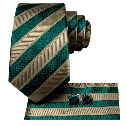 Elegante conjunto de corbata de seda a rayas verdes para hombre