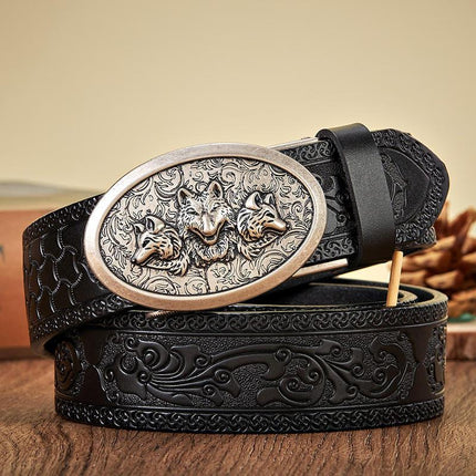 Cinturón de piel retro de 3,5 cm para hombre con hebilla automática de lobo