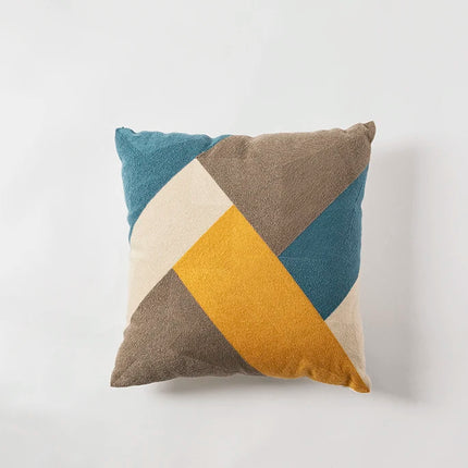 45x45in Geometric Embroidered Cotton Cushion Cover - Blue, Yellow, Grey Abstract Design