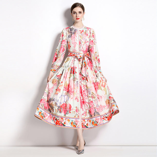 Robe trapèze fleurie élégante à simple boutonnage
