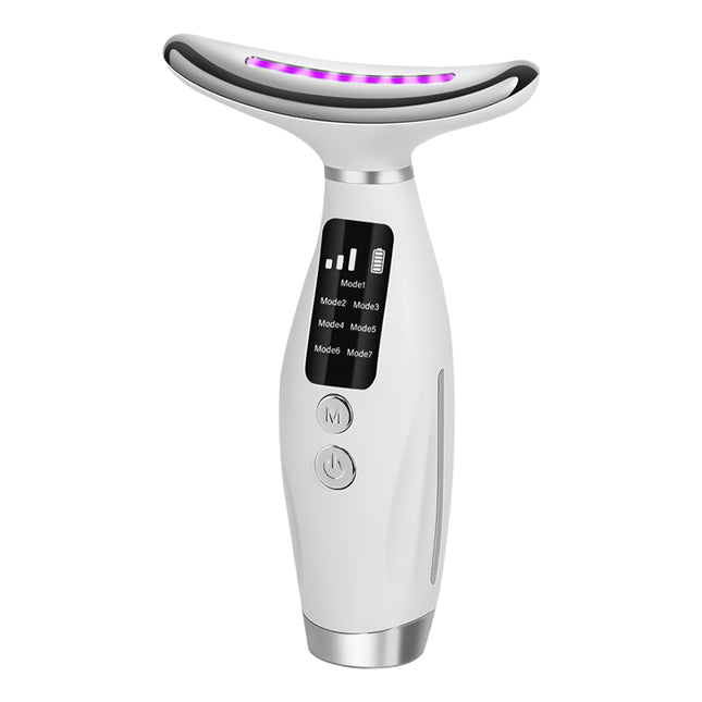 Dispositivo de estiramiento facial y de cuello con luz LED de 7 colores y masaje vibratorio: 7 modos, 3 niveles de intensidad