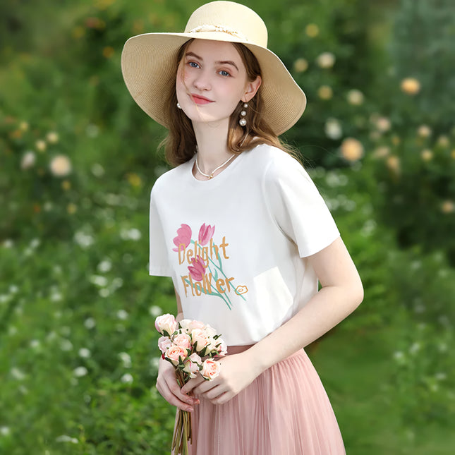 Camiseta de algodón de corte entallado con estampado de tulipanes para mujer