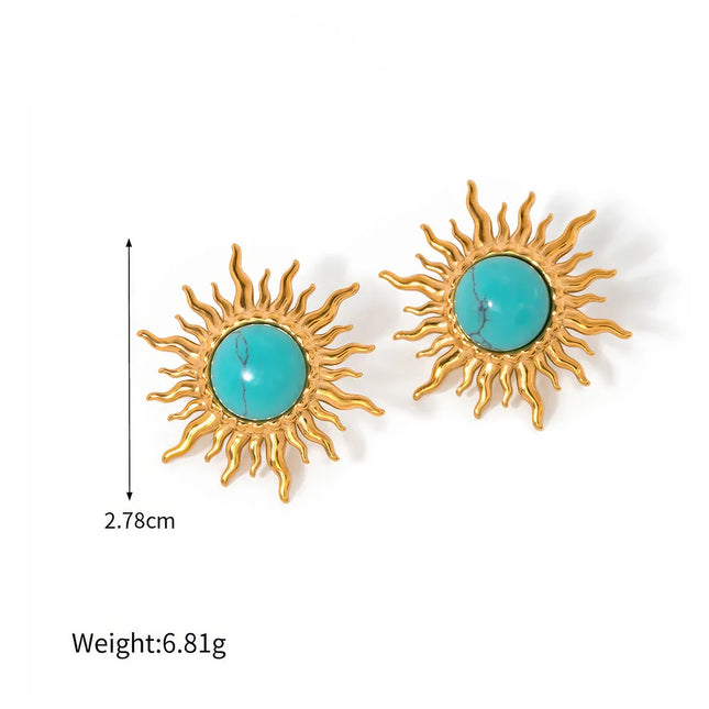 Gold Plated Turquoise Inlay Sunflower Dangle Earrings