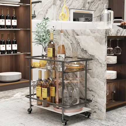 Luxury 2-Tier Rolling Bar Cart with Tempered Glass and Sintered Stone - Wnkrs