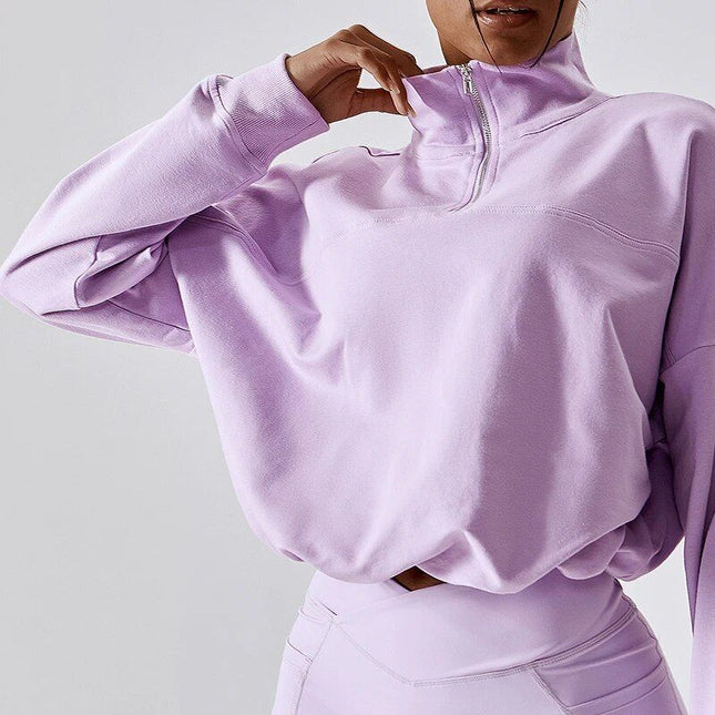 Suéter informal de algodón de manga larga de gran tamaño con cremallera