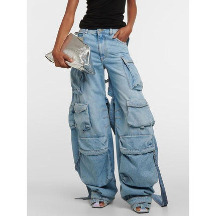 High Waist Spliced Cargo Denim Trousers