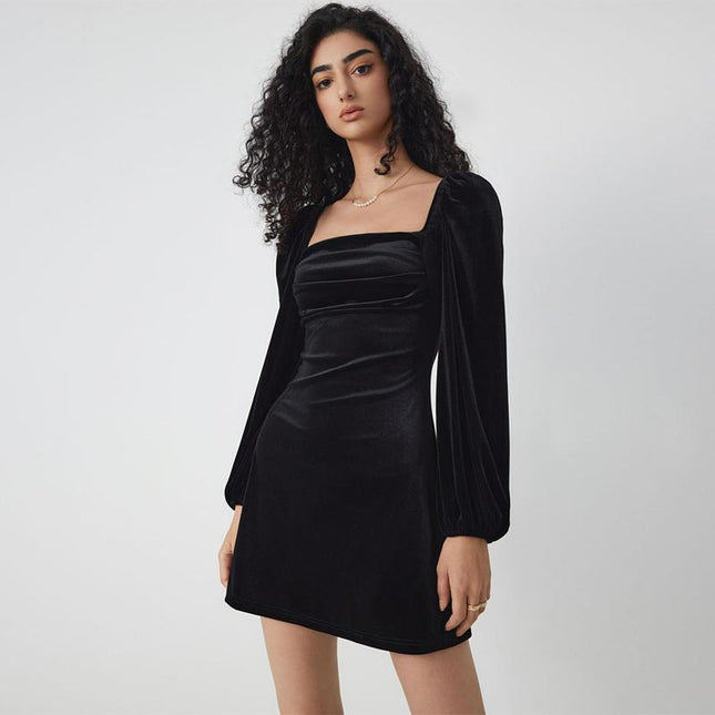 Robe courte trapèze slim en velours à col carré et manches longues pour femme