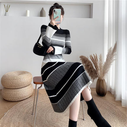 Elegant Striped Knitted Dress Women