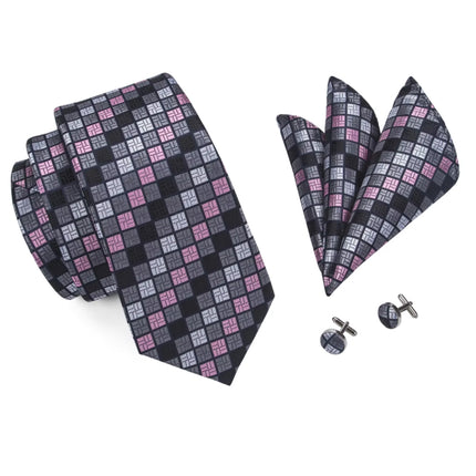 Elegante conjunto de corbata de seda a cuadros grises con gemelos y pañuelo de bolsillo