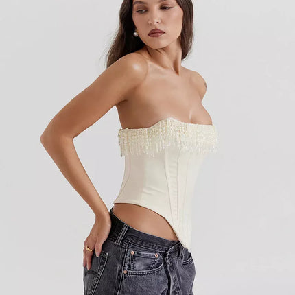 Haut corset chic sans bretelles avec pompons et perles