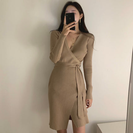 Dress Sweater V-neck Slit Knitted One-step Skirt