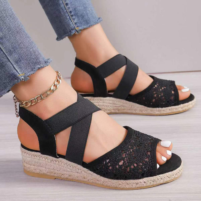 Sandales creuses en dentelle Chaussures compensées en chanvre à la mode d'été pour femmes