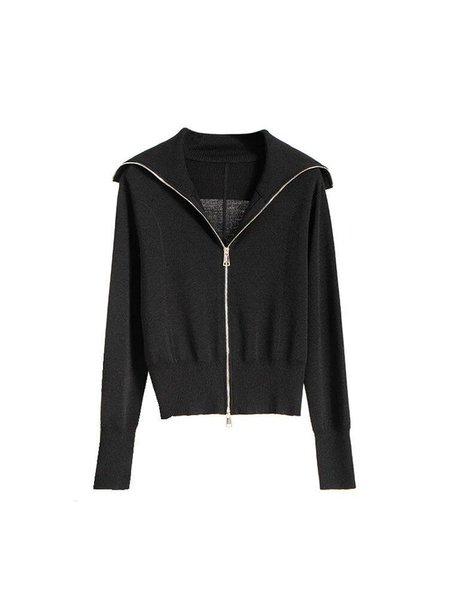 Cardigan noir en mélange de soie et de coton avec fermeture éclair