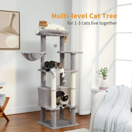 Árbol para gatos de varios niveles con condominio y postes para rascar