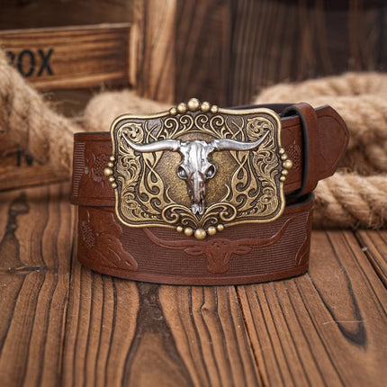 Ceinture en cuir PU style cowboy western avec décoration de taureau et gravure florale