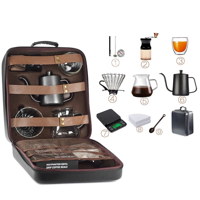 Juego de café de viaje de primera calidad de 10 piezas: molinillo manual, tazas y filtros en bolsa de PU