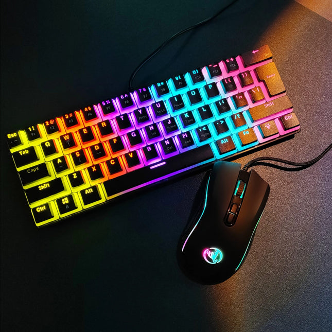 Wired Mechanical Keyboard and Mouse — RGB Lighting, Black, Ergonomic, Compact