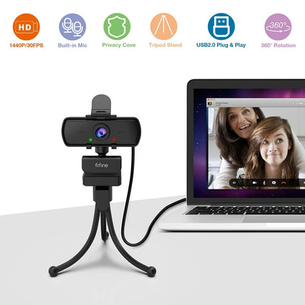 Webcam Full HD 1440p avec microphone et trépied pour ordinateur de bureau et portable