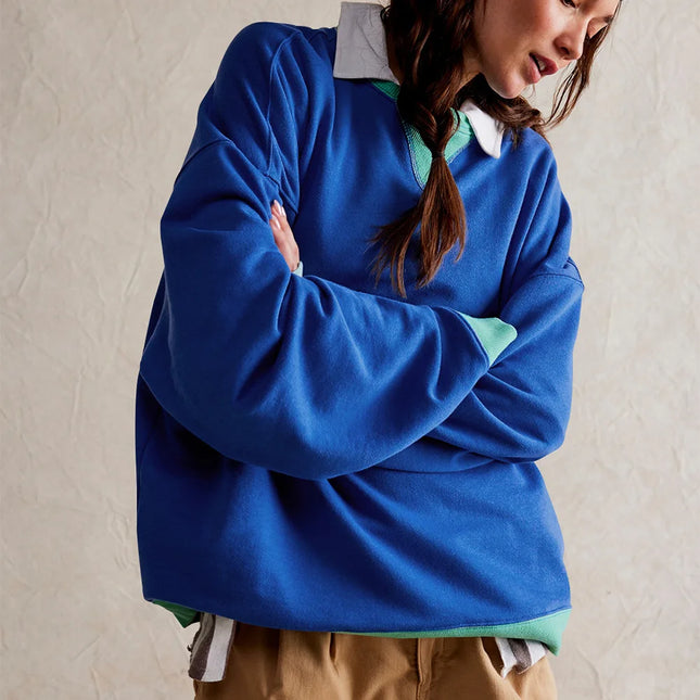 Pull patchwork confortable à manches longues pour femme - Pull d'automne en tricot ample