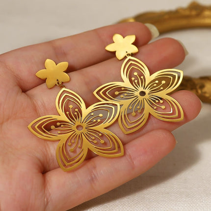 Gold Plated Stainless Steel Flower Drop Earrings
